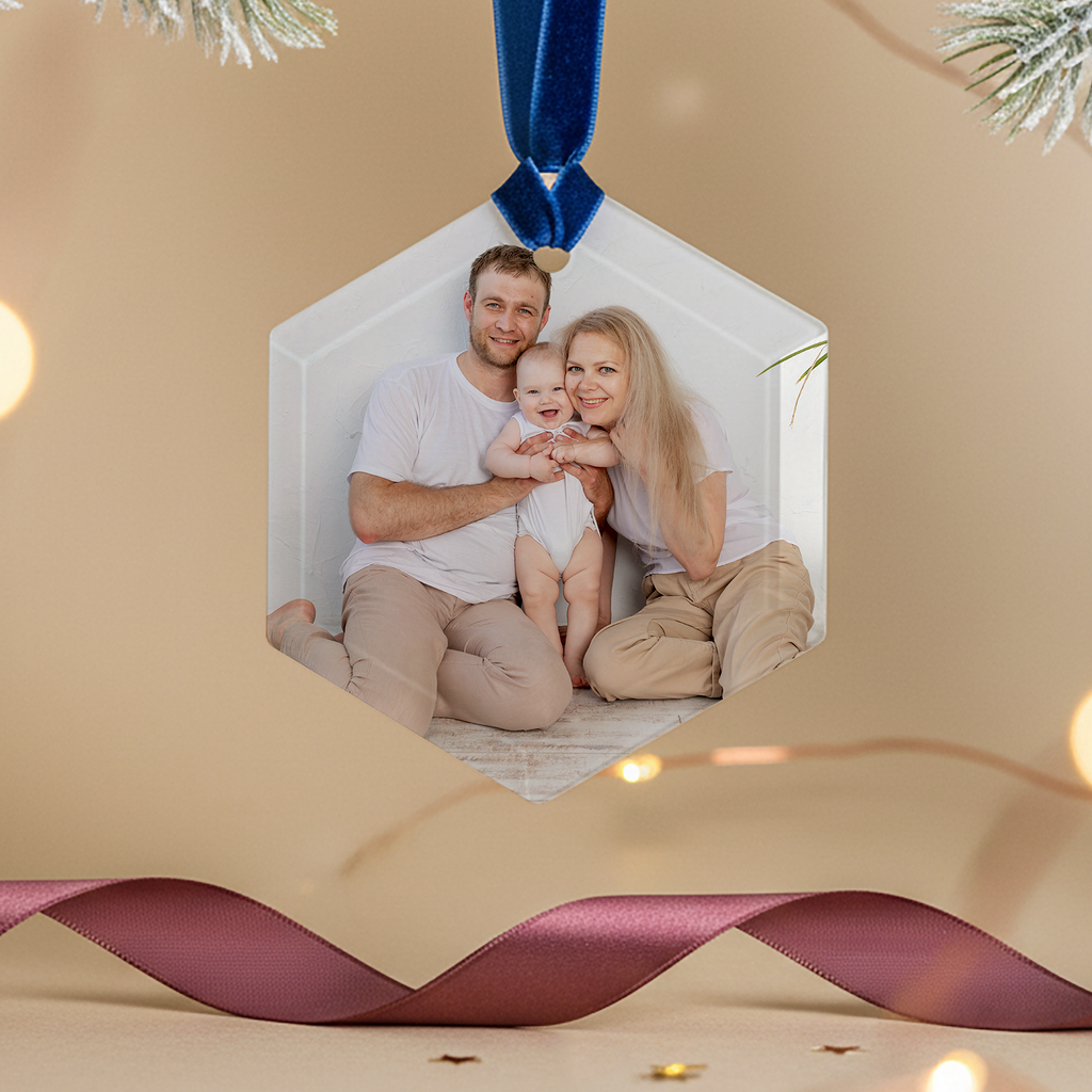 Personalised Photo Glass Ornament – Custom Printed Keepsake – Choose Round, Hexagon or Square – Add Name or Message – UK Made
